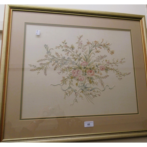 65 - 20th Century silk needlework floral spray picture, mounted in a gilt frame, 39cms x 48cms