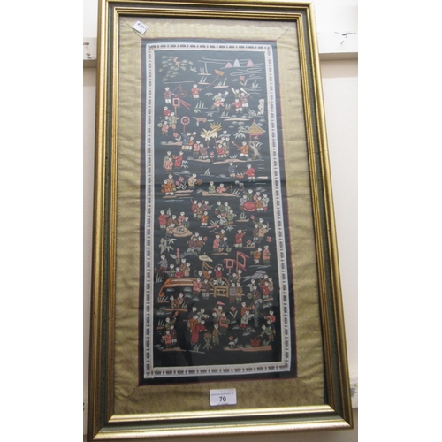 70 - Two 20th Century Japanese silkwork needlework panels of children playing, both framed, 55cms x 24cms... 