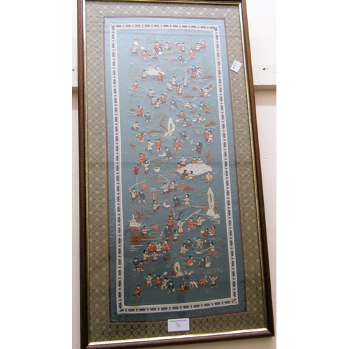 70 - Two 20th Century Japanese silkwork needlework panels of children playing, both framed, 55cms x 24cms... 