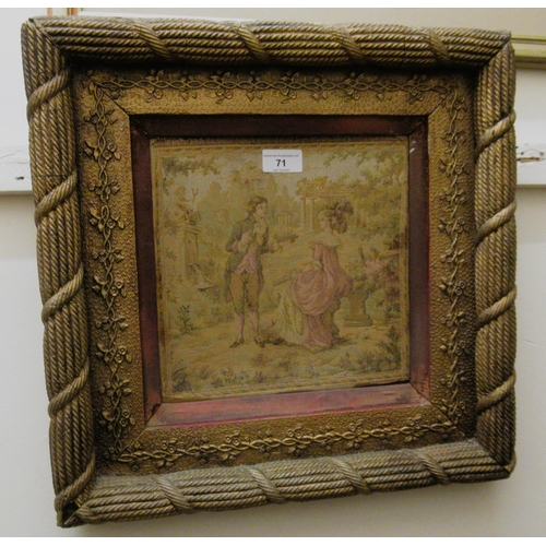 71 - Miniature machine woven tapestry picture of two figures in a garden, in a gilt rope twist floral dec... 