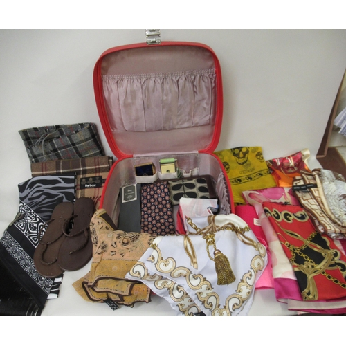 73 - Quantity of various ladies scarves including Biba, Barbour and Alexander McQueen, two compacts, a pa... 