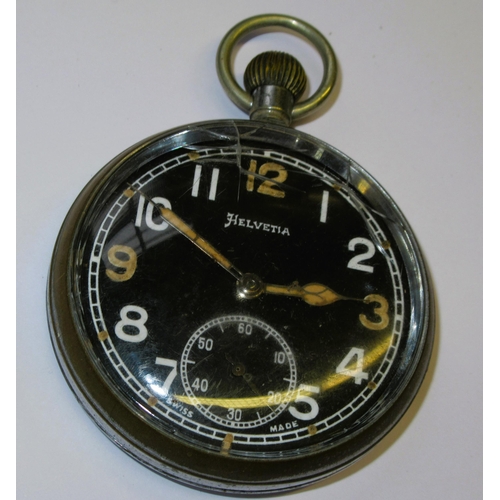 741 - 20th Century Helvetia military open face pocket watch, the black dial with Arabic numerals and subsi... 