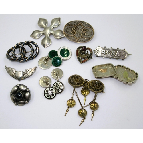 742 - Bag containing a small quantity of various silver brooches, including two pairs of silver and enamel... 