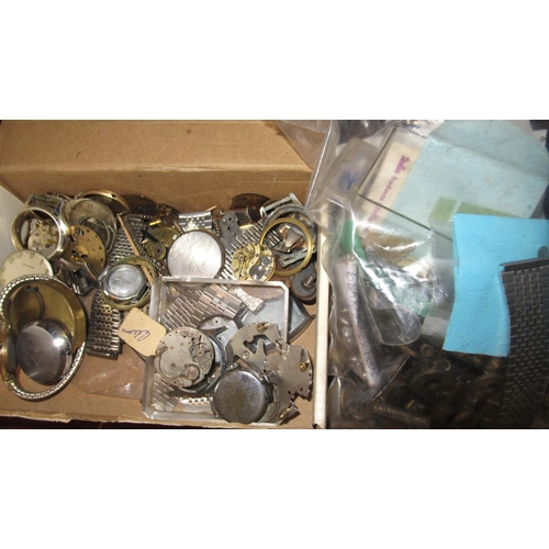 744 - Box containing a large quantity of various pocket watch parts and tools, also including a carriage c... 