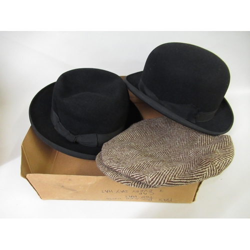 75 - Gentleman's bowler hat, black trilby hat, flat cap, quantity of kid leather gloves, pair of spats, g... 