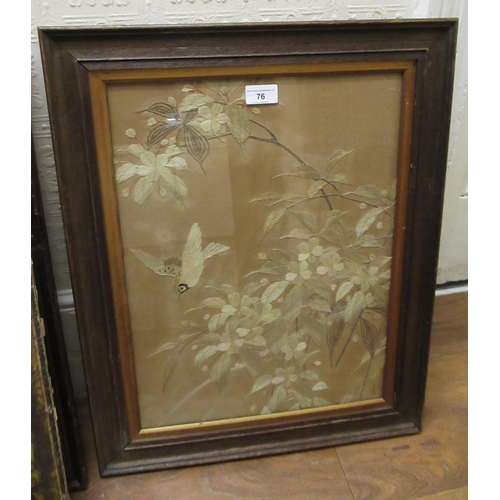 76 - Pair of Japanese silk embroidered pictures, birds in foliage, 47cms x 36cms, oak framed