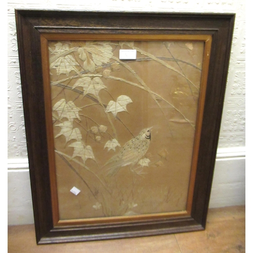 76 - Pair of Japanese silk embroidered pictures, birds in foliage, 47cms x 36cms, oak framed