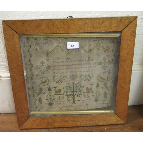 87 - Early Victorian needlework sampler, signed Emily Nicholas, dated 1839 (damages), in a birdseye maple... 