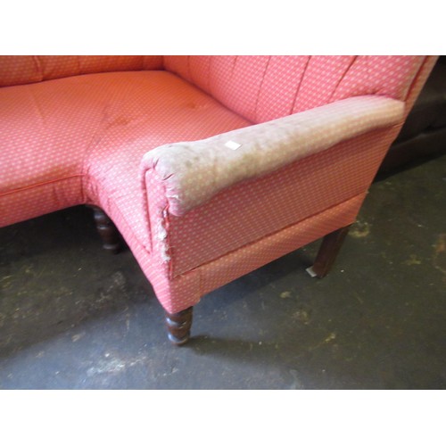 1415 - Late 19th Century / early 20th Century large pink upholstered corner sofa, waiting room bench with b... 