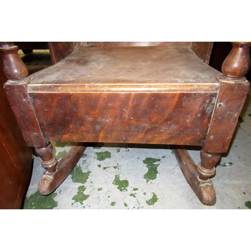 1536 - 19th Century fruitwood rocking lambing chair, with panelled back and seat above a later side drawer,... 