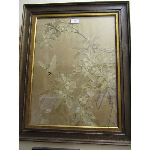 76 - Pair of Japanese silk embroidered pictures, birds in foliage, 47cms x 36cms, oak framed