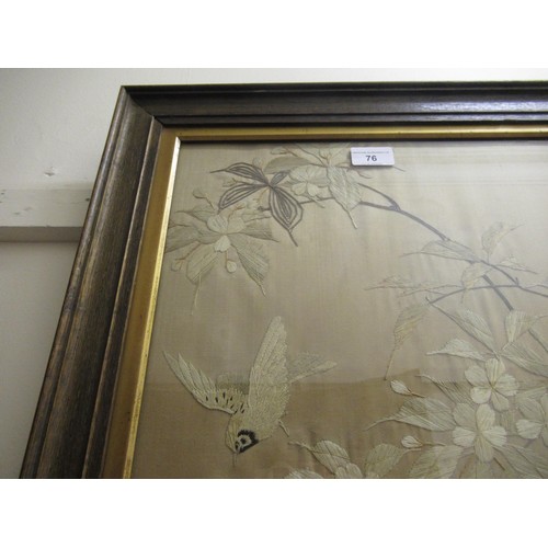 76 - Pair of Japanese silk embroidered pictures, birds in foliage, 47cms x 36cms, oak framed