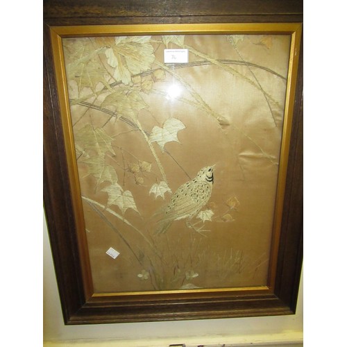 76 - Pair of Japanese silk embroidered pictures, birds in foliage, 47cms x 36cms, oak framed