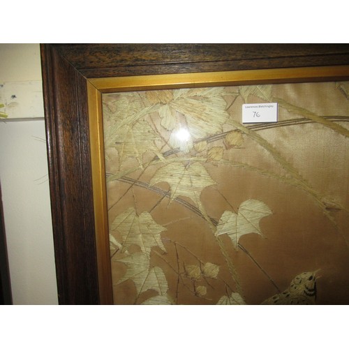 76 - Pair of Japanese silk embroidered pictures, birds in foliage, 47cms x 36cms, oak framed