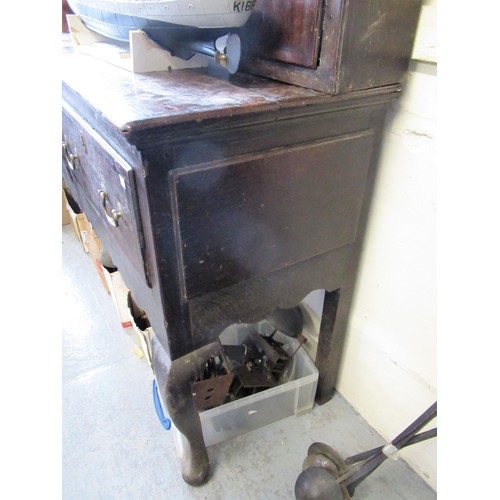 1555 - 18th Century oak dresser, the boarded shelf back with two cupboard doors, the base with three drawer... 