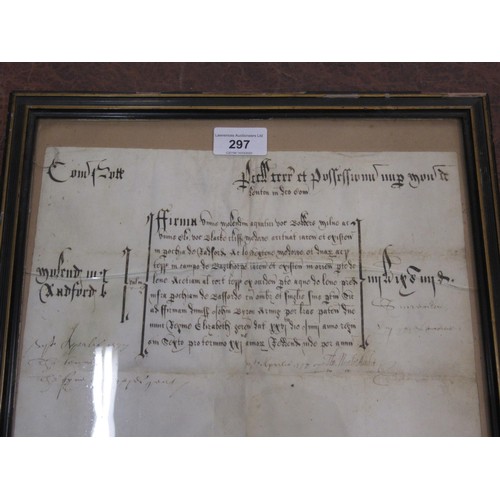 297 - 16th Century hand written document of vellum, dated 1586, 30cms x 46cms approximately, together with... 