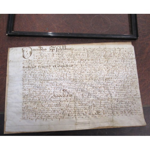 297 - 16th Century hand written document of vellum, dated 1586, 30cms x 46cms approximately, together with... 