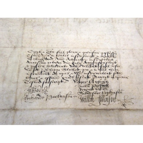 297 - 16th Century hand written document of vellum, dated 1586, 30cms x 46cms approximately, together with... 