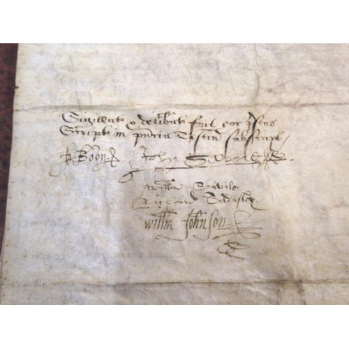 297 - 16th Century hand written document of vellum, dated 1586, 30cms x 46cms approximately, together with... 