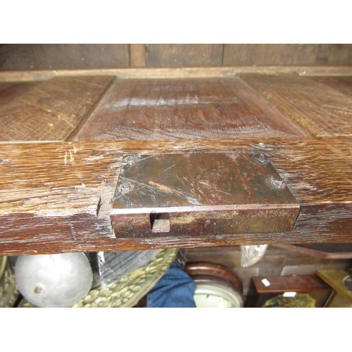 1446 - Small 17th Century oak coffer, the hinged three panel lid above a three panel front on stile support... 