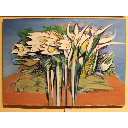 13 - Oil on canvas laid down on board, still life of lilies, signed and dated '86, 61cms x 86cms, unframe... 