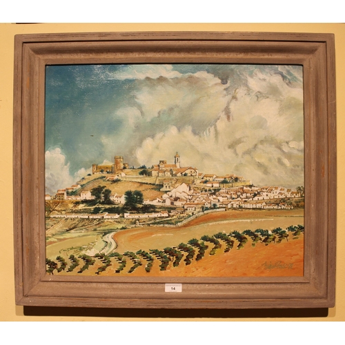 14 - Oil on canvas, Spanish hilltop town, possibly Toledo, signed and dated '82, 51cms x 66cms, in a pain... 