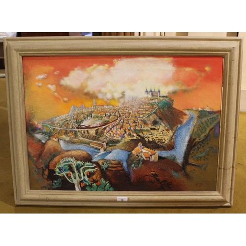 19 - Oil on canvas, view of a hilltop town, possibly Toledo, signed with initials, 51cms x 71cms, in a pa... 