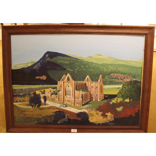 22 - Oil on board, view of Tintern Abbey, signed, signed again verso and dated 1959, 62cms x 87cms, frame... 