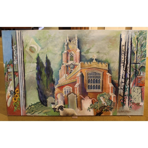 22 - Oil on board, view of Tintern Abbey, signed, signed again verso and dated 1959, 62cms x 87cms, frame... 