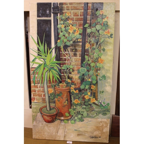 25 - Oil on canvas, study of Nasturtiums and a Yucca plant on a terrace, signed and dated '81, signed aga... 