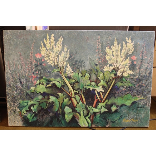 25 - Oil on canvas, study of Nasturtiums and a Yucca plant on a terrace, signed and dated '81, signed aga... 