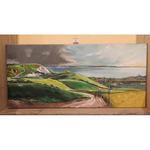 27 - Oil on canvas, panoramic coastal landscape with figure on a road to the foreground, signed verso, 43... 