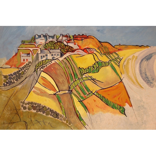 27 - Oil on canvas, panoramic coastal landscape with figure on a road to the foreground, signed verso, 43... 