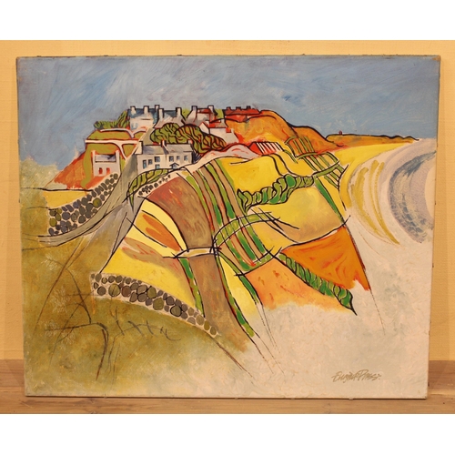 27 - Oil on canvas, panoramic coastal landscape with figure on a road to the foreground, signed verso, 43... 