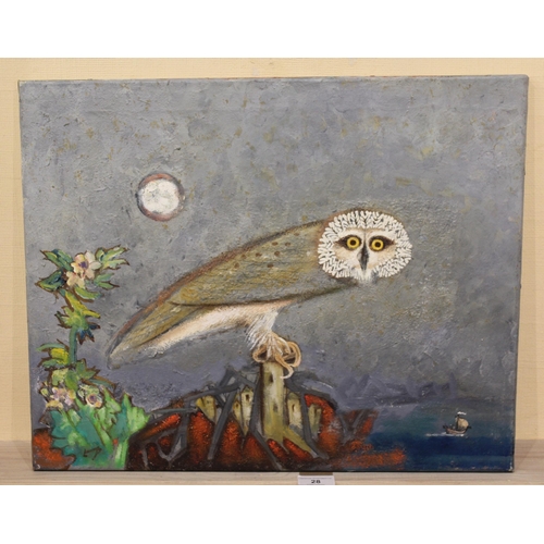 28 - Oil on canvas, stylised composition with an owl by moonlight, signed with initials and signed again ... 