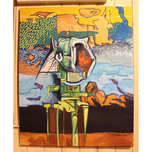 3 - Oil on canvas, abstract composition with a tetrapod, signed and dated November '74, 128.5cms x 104.5... 