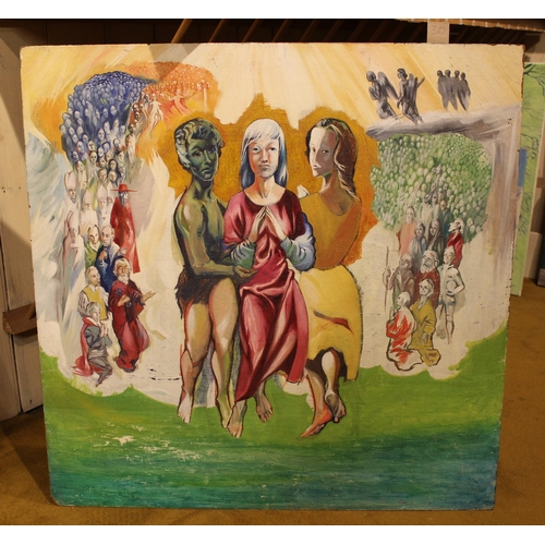 30 - Oil on board, ' Madonna and child with three Saints ', unsigned, label verso, 81.5cms square togethe... 