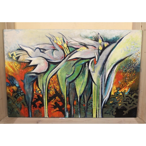 31 - Oil on canvas, stylised study of lilies and fire, signed verso, 61cms x 92cms, together with another... 