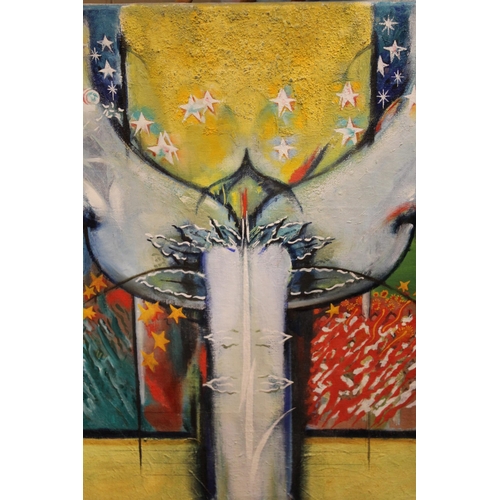 41 - Oil on canvas, ' Spirit at the Gate ', 56cms x 51cms, unframed together with another similar, smalle... 