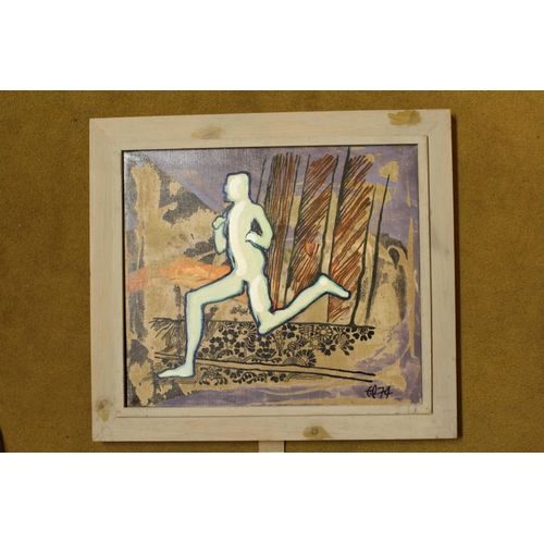 42 - Oil on canvas, study of a running man, signed with initials and dated '74, signed and dated again ve... 