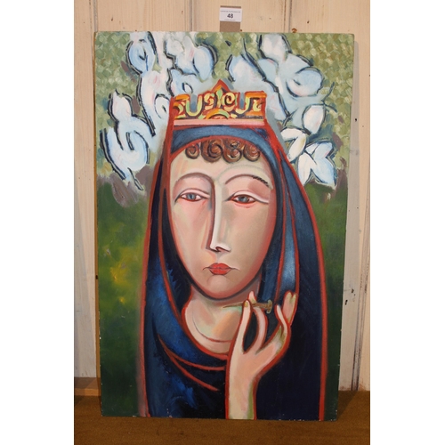 48 - Oil on panel, portrait of the Madonna holding a nail from the cross, 68cms x 44cms, unframed, togeth... 