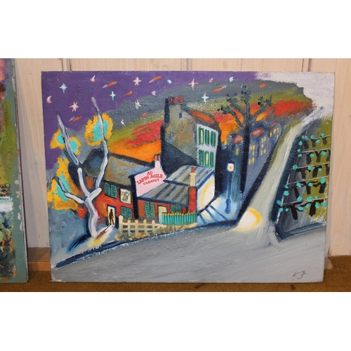 49 - Oil on panel, view of a hillside town, 34cms x 40cms, signed with initials, signed again verso and d... 