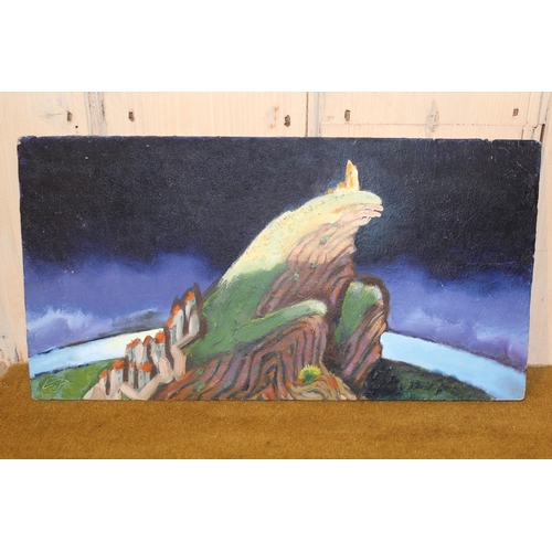 49 - Oil on panel, view of a hillside town, 34cms x 40cms, signed with initials, signed again verso and d... 