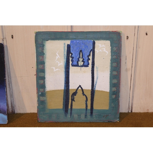 49 - Oil on panel, view of a hillside town, 34cms x 40cms, signed with initials, signed again verso and d... 