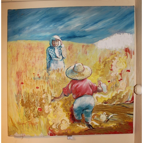 5 - Oil on canvas, figures in a field of corn and poppies, signed, signed again verso and dated 1964 / 1... 