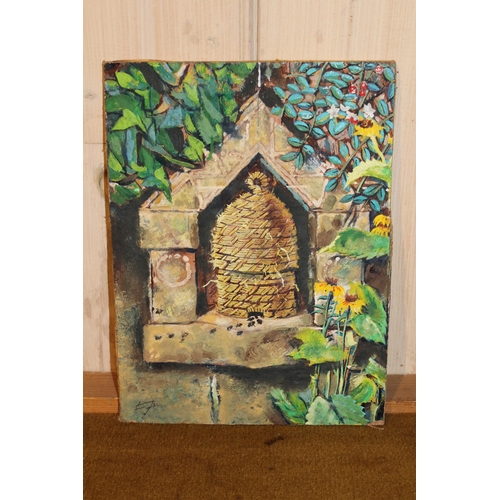 51 - Oil on panel, study of a beehive, signed with initials, 29cms x 22cms, unframed together with anothe... 