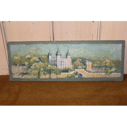 54 - Oil on canvas laid down on board, rural scene with distant cathedral, possibly Salisbury, 19cms x 42... 