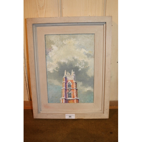 55 - Oil on board, view of Stoke-by-Nayland, signed with initials, inscribed verso and dated 1983, 30cms ... 