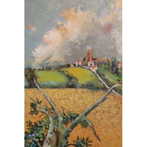 55 - Oil on board, view of Stoke-by-Nayland, signed with initials, inscribed verso and dated 1983, 30cms ... 