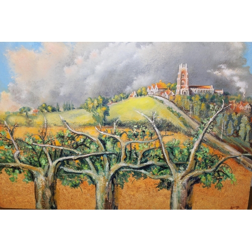 55 - Oil on board, view of Stoke-by-Nayland, signed with initials, inscribed verso and dated 1983, 30cms ... 